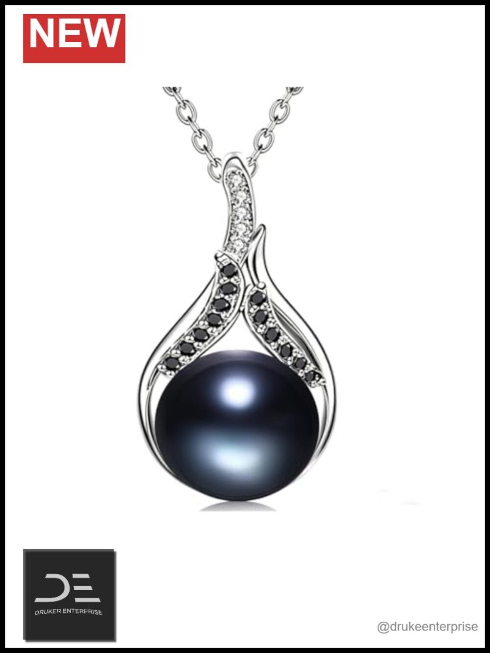 925 Sterling Silver Lab Grown Diamond Black Freshwater Pearl Necklace